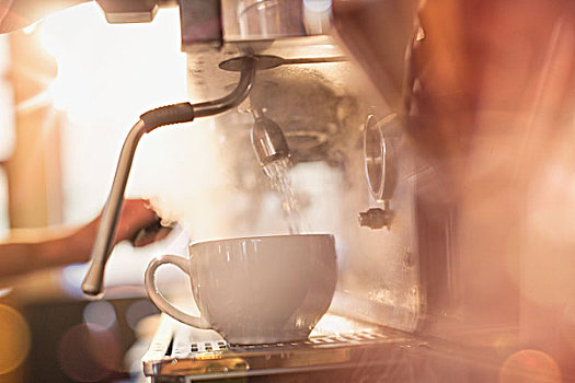 特写,浓缩咖啡机,填充,咖啡杯,热,水