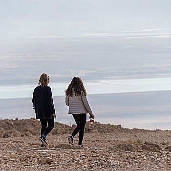 后视图,两个,少女,走,荒芜,马萨达,死海,区域,以色列
