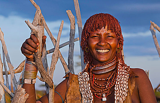 埃塞俄比亚,奥莫低谷,乡村,部落,第一,妻子,微笑,饰品,木头,露营,小屋