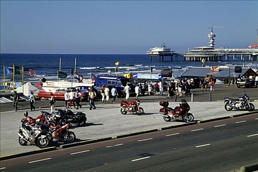 摩托车,停放,大道,后面,码头,海滩,时尚,海滨胜地,一起,海牙,省,荷兰南部,荷兰,荷比卢,欧洲