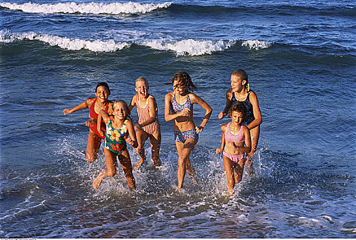 女孩,泳衣,跑,海浪,海滩