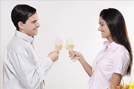 伴侣,祝酒,葡萄酒杯,微笑