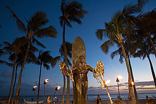 雕塑,黎明,怀基基海滩,檀香山,瓦胡岛,夏威夷