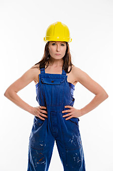 女人,穿,蓝色,工作服,安全帽
