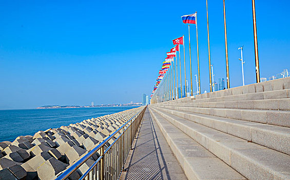 海边一排国旗随风飘扬