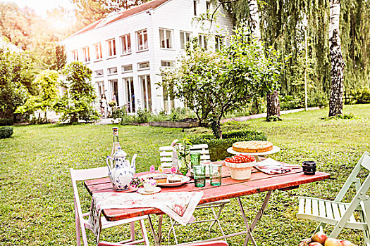 桌子,花园,茶壶,茶杯,蛋糕,饮料