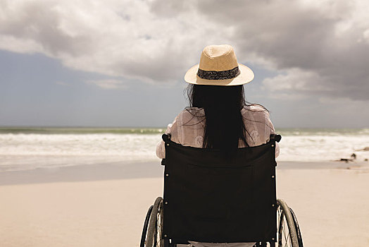 伤残,女人,帽子,坐,轮椅,海滩