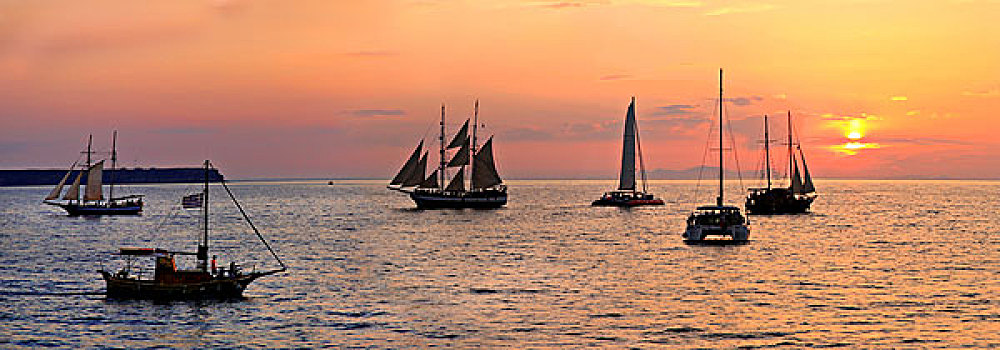 帆船,日落,全景,风景,锡拉岛,基克拉迪群岛,爱琴海,希腊,欧洲