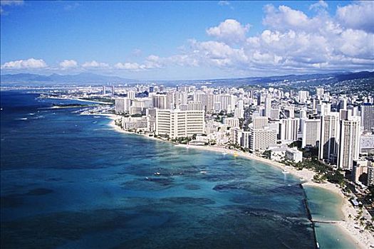 夏威夷,瓦胡岛,檀香山,怀基基海滩,俯视,海滩,酒店