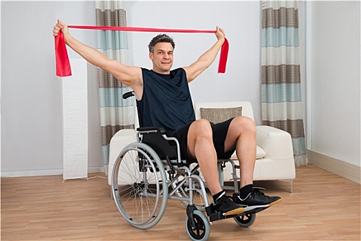 残障,男人,轮椅,练习,拉力带