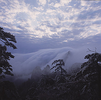 安徽黄山,日出,雪景,云海,雾淞