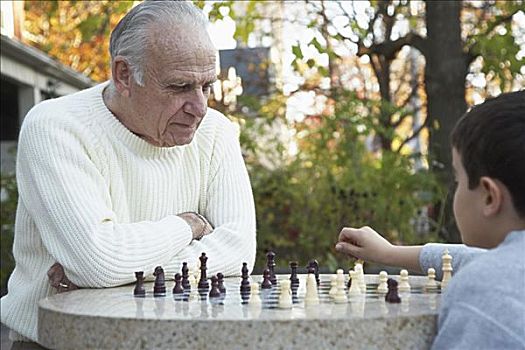 爷爷,玩,下棋,孙子,街上,角