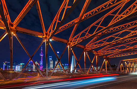 橋,浦東,天際線,夜晚,上海,中國