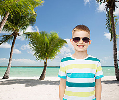孩子,夏天,旅行,度假,人,概念,微笑,小男孩,戴着,墨镜,上方,海滩,背景
