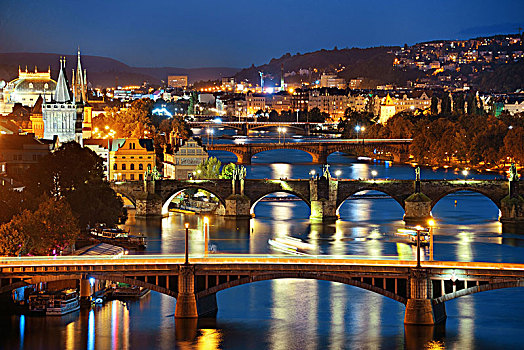 布拉格,天际线,桥,上方,河,捷克共和国,夜晚