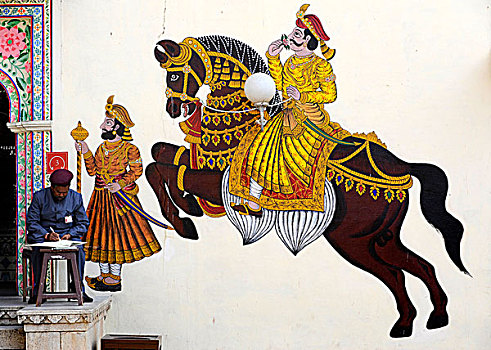 守卫,正面,壁画,马,骑乘,城市,宫殿,乌代浦尔,拉贾斯坦邦,北印度,印度,南亚,亚洲
