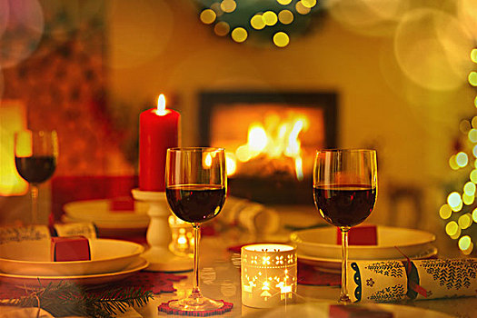 红酒,蜡烛,环境,圣诞桌,正面,壁炉