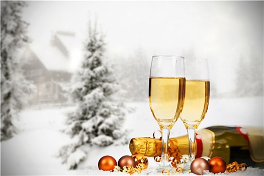圣诞装饰,香槟,冬天,背景