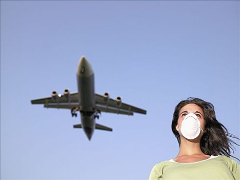女人,戴着,手术口罩,飞机,上方