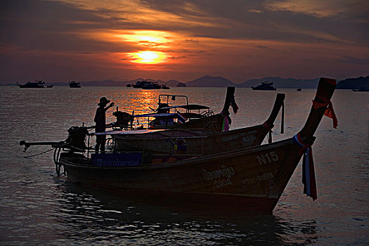 船,日落,甲米,泰国
