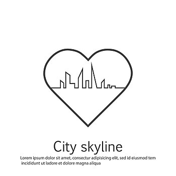 剪影,城市,心形,喜爱,连续,绘画,线条,公寓,风格,现代,城市风光,矢量,插画,摩天大楼,建筑,办公室,地平线
