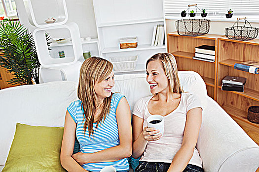 愉悦,两个女人,喝咖啡,交谈,坐,沙发