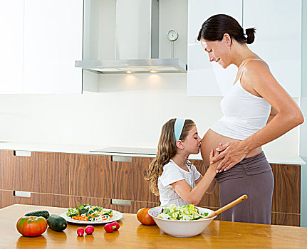 美女,怀孕,母亲,女儿,厨房