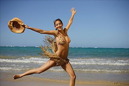 夏威夷,瓦胡岛,女孩,帽子,草裙,跳舞,玩耍,海滩