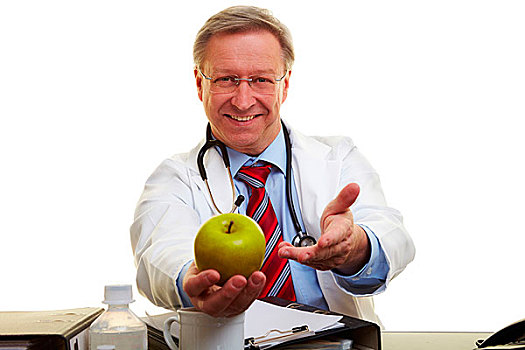 高兴,老人,医生,给,青苹果