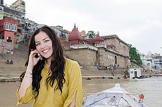 女人,微笑,手机,船,印度