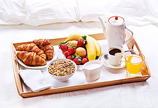 早餐,托盘,咖啡,牛角面包,粮食,水果