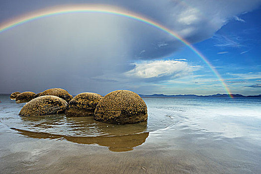 石头,水,海洋,海滩,彩虹,天空,新西兰