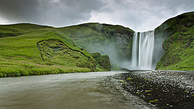 瀑布,上方,草,悬崖,冰岛