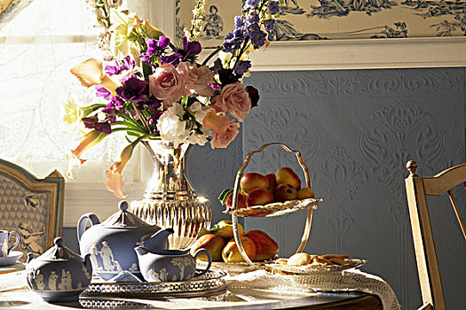 特写,茶具,花,花瓶,桌子