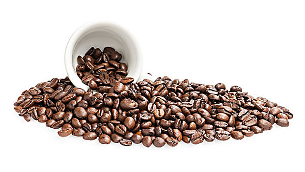 堆积,咖啡豆,杯子,隔绝,白色背景
