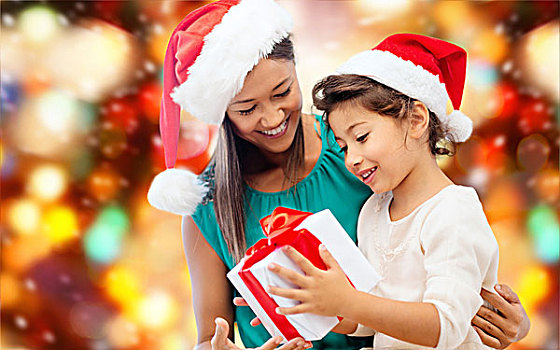 圣诞节,休假,庆贺,家庭,人,概念,高兴,母亲,小女孩,圣诞老人,帽子,礼盒,上方,红灯,背景