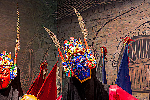 贵州省贵阳青岩古镇贵州会馆展示的贵州民族非物质文化遗产----傩戏面具
