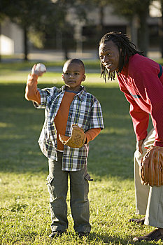 肖像,美国黑人,父子,玩,垒球
