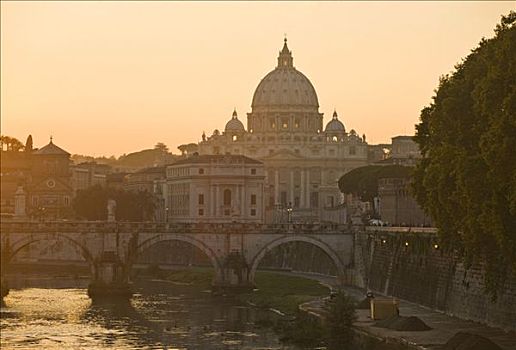 桥,正面,圣彼得大教堂,日落,罗马,意大利,欧洲