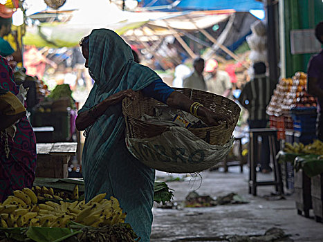 剪影,女人,拿着,篮子,市场,迈索尔,印度
