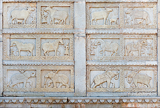 浮雕,大象,马,牛,墓葬碑,墓地,纪念建筑,邦迪,拉贾斯坦邦,印度,亚洲