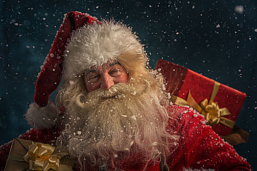 照片,高兴,圣诞老人,户外,下雪,礼物,孩子