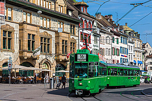 街景,特色,绿色,有轨电车,巴塞尔,瑞士