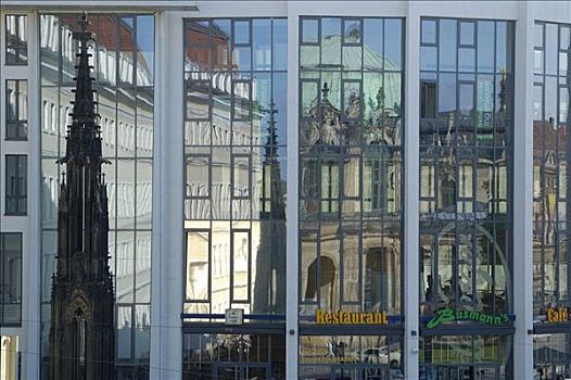 茨温格尔宫,反射,玻璃墙,德累斯顿,萨克森,德国