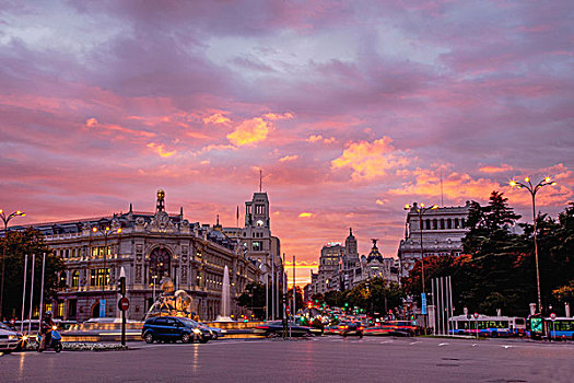 城市,交通,粉色,日落,马德里,西班牙