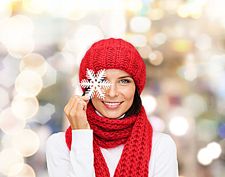 高兴,寒假,圣诞节,人,概念,微笑,少妇,红色,帽子,围巾,连指手套,拿着,雪花,上方,背景