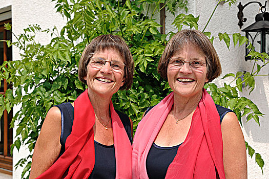 两个,双胞胎,姐妹,衣服,相似,戴着,红色,围巾,肖像