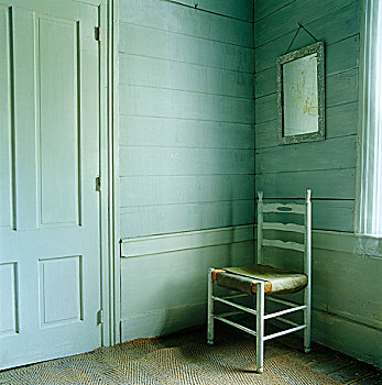 卧室,农舍,北部地区,纽约,老式,椅子,角,老,镜子,楔形板,墙壁,后面