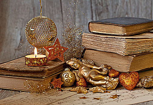 黄金,圣诞装饰,一堆,书本