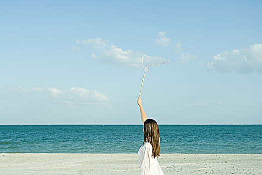 女人,海滩,抓住,云,捕蝶网,后视图,错觉
